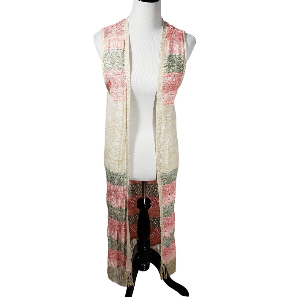 Charming Charlie Women's size Large Sleeveless Coral & Brown Knit Duster NWT